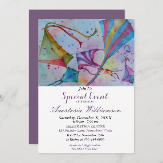 FLIEGEN SIE IHRE EREIGNISMÄSSIGUNG FÜR DAS KITE-PA EINLADUNG (Vorne/Hinten)