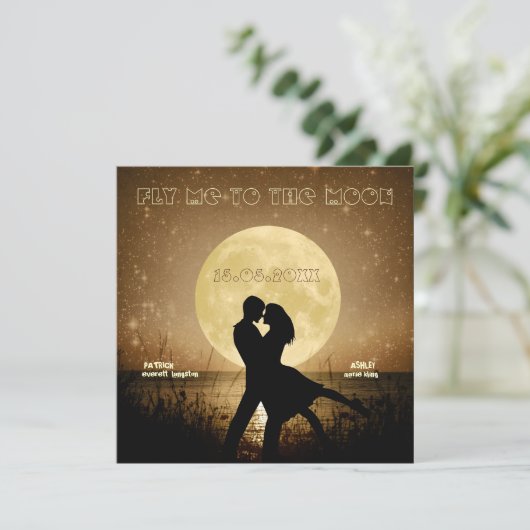 Fliegen Sie mich zur Mond-Hochzeits-Einladung Einladung (Stehend Vorderseite)