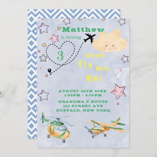 Fliegen Sie mit mir Flugzeuge Boy Birthday Party A Ankündigung (Vorne/Hinten)