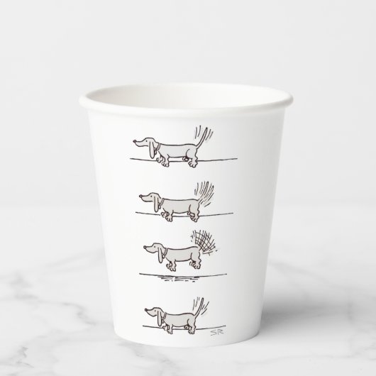 Fliegende Dackel, graue Papiertassen Pappbecher (Vorderseite)
