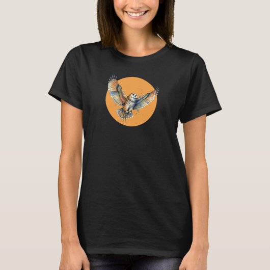 Fliegende Eule mit orangefarbener Sonnengrafik T-Shirt (Vorderseite)