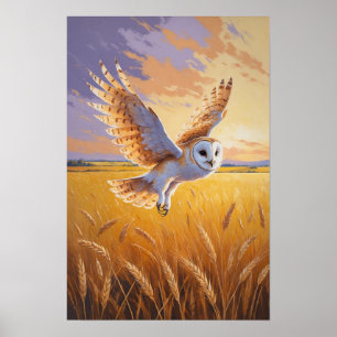 Fliegende Eule über goldenem Feld Wildtier Sonnenu Poster