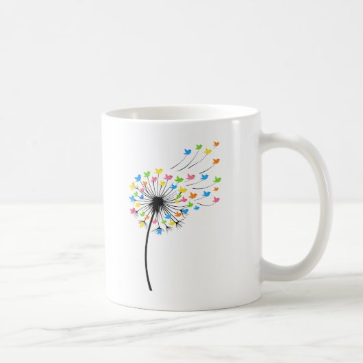 Fliegende farbenfrohe Vögel Löwenzahn Fluss Kaffeetasse (Rechts)
