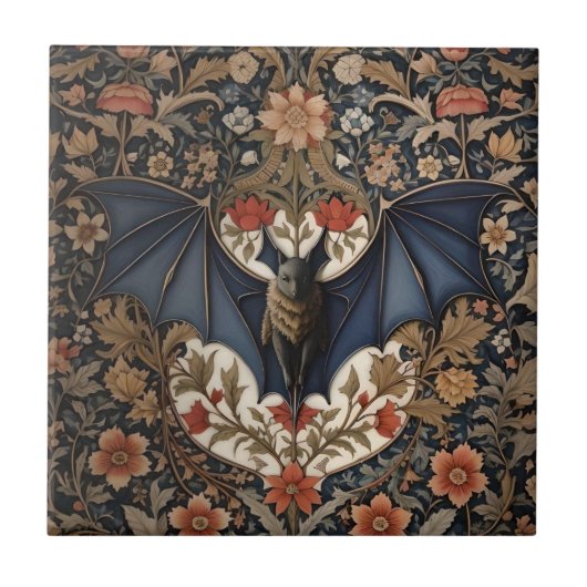 Fliegende Fledermaus - Moderne William Morris Blum Fliese (Vorderseite)