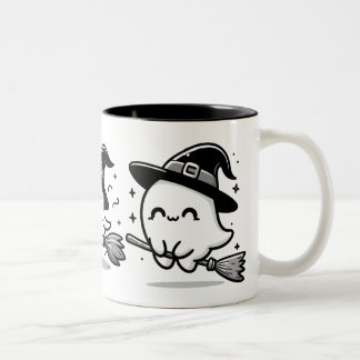 Fliegende Geisterhexe auf Besen Halloween-Tasse |  Zweifarbige Tasse