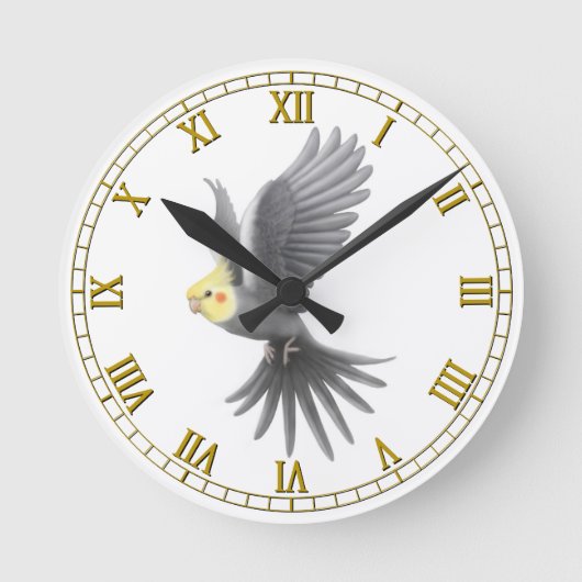 Fliegende graue Cockatiel-Papageien-Wanduhr Runde Wanduhr (Vorderseite)
