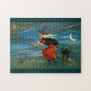 Fliegende Halloween-Hexe mit Katze Puzzle