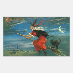 Fliegende Halloween-Hexe mit Katze Rechteckiger Aufkleber