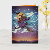 Fliegende Hexe auf Besen Karte (Gelbe Blume)