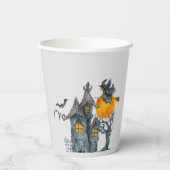 Fliegende Hexe auf einem Besen und Spuk HausHallow Pappbecher (Rückseite)