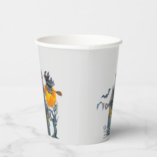 Fliegende Hexe auf einem Besen und Spuk HausHallow Pappbecher (Rechts)