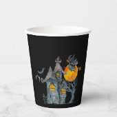 Fliegende Hexe auf einem Besen und Spuk HausHallow Pappbecher (Vorderseite)