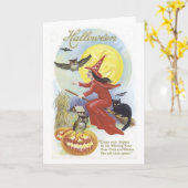 Fliegende Hexe, Fledermäuse, Katze, Eule Karte (Gelbe Blume)