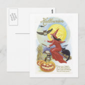 Fliegende Hexe, Fledermäuse, Katze, Eule Postkarte (Vorne/Hinten)