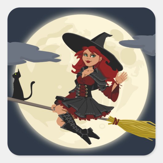 Fliegende Hexe mit Broom und schwarzer Katze Quadratischer Aufkleber (Vorderseite)