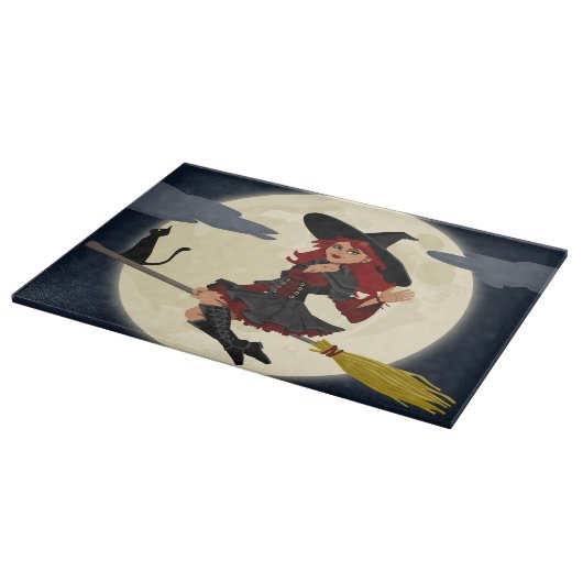 Fliegende Hexe mit schwarzer Katze und dem Mond Schneidebrett (Ecke)