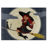 Fliegende Hexe mit schwarzer Katze und dem Mond Schneidebrett (Vorderseite)