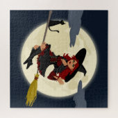 Fliegende Hexe, Mond und schwarze Katze Puzzle (Horizontal)
