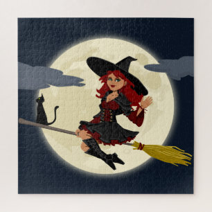 Fliegende Hexe, Mond und schwarze Katze Puzzle