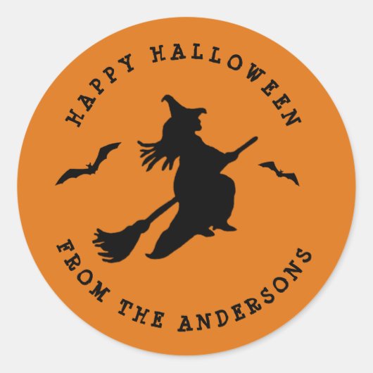 Fliegende Hexe Schwarz & Orange Halloween Runder Aufkleber (Vorderseite)