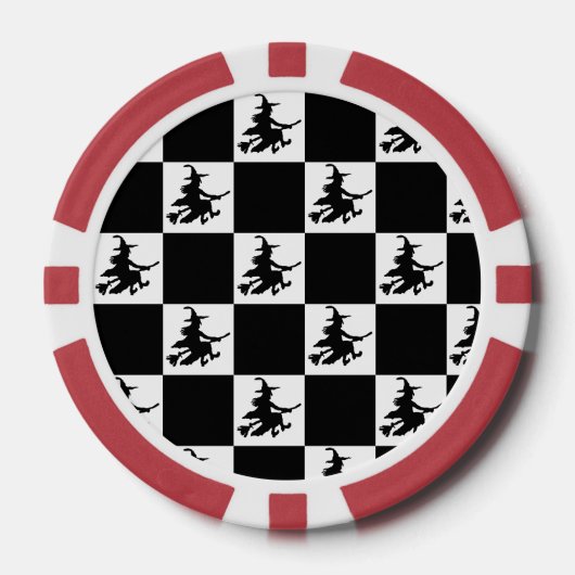 Fliegende Hexe Schwarz-Weiß Kariert Pokerchips (Vorderseite)