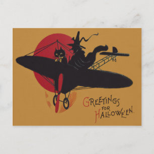 Fliegende Hexe schwarzes Katze Flugzeug Vollmond Postkarte