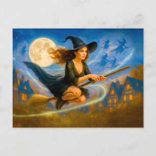 Fliegende Hexe über Dächern des Dorfes durch Vollm Feiertagspostkarte