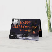 Fliegende Hexe und Castle Happy Halloween Card Karte (Vorderseite)