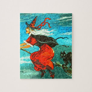 Fliegende Hexe und schwarze Katze Halloween Puzzle