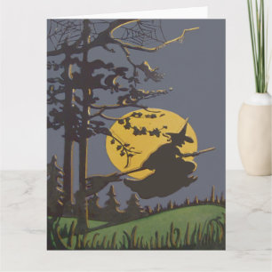 Fliegende Hexensilhouette Vollmond Spinnennetz Karte