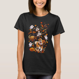 Fliegende Katze auf Besen mit Hund Halloween Verfo T-Shirt