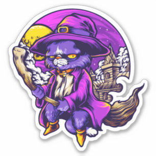Fliegende Kitty-Katze-Hexen-Illustration Aufkleber