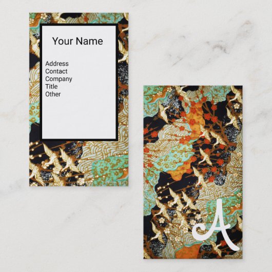 FLIEGENDE KRÄNE, BLUMEN, Monogramm Visitenkarte (Vorne/Hinten)