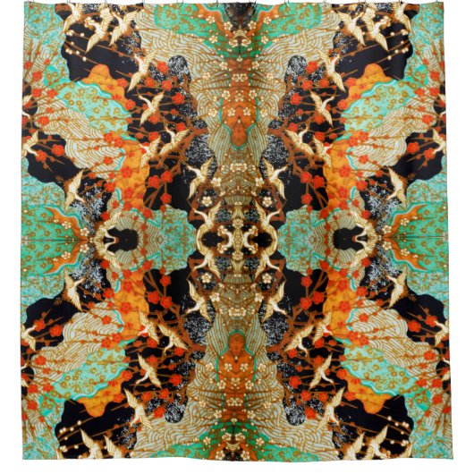 FLIEGENDE KRÄNE MIT FRÜHBLUMEN DUSCHVORHANG (Vorderseite)