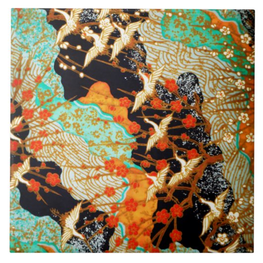 FLIEGENDE KRÄNE MIT FRÜHBLUMEN, Japanisch Fliese (Vorderseite)