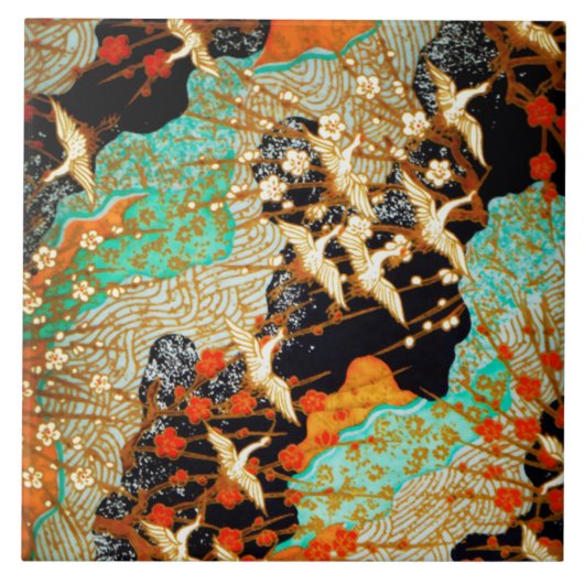 FLIEGENDE KRÄNE MIT FRÜHBLUMEN, Japanisch Fliese (Vorderseite)