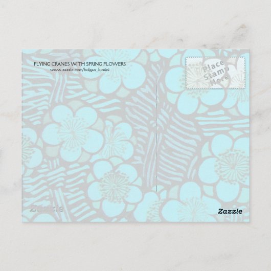 FLIEGENDE KRÄNE MIT FRÜHBLUMEN POSTKARTE (Rückseite)