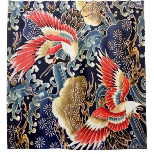 FLIEGENDE KRÄNE, WELLEN, FRÜHSTÜCKE, japanische Bl Duschvorhang (Vorderseite)