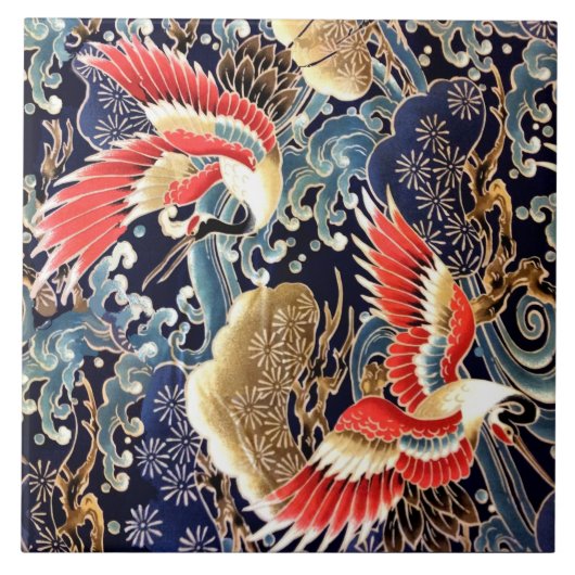 FLIEGENDE KRÄNE, WELLEN, FRÜHSTÜCKE, japanische Bl Fliese (Vorderseite)