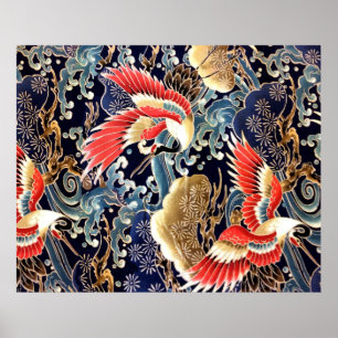 FLIEGENDE KRÄNE, WELLEN, FRÜHSTÜCKE, japanische Bl Poster