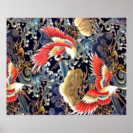 FLIEGENDE KRÄNE, WELLEN, FRÜHSTÜCKE, japanische Bl Poster (Vorne)