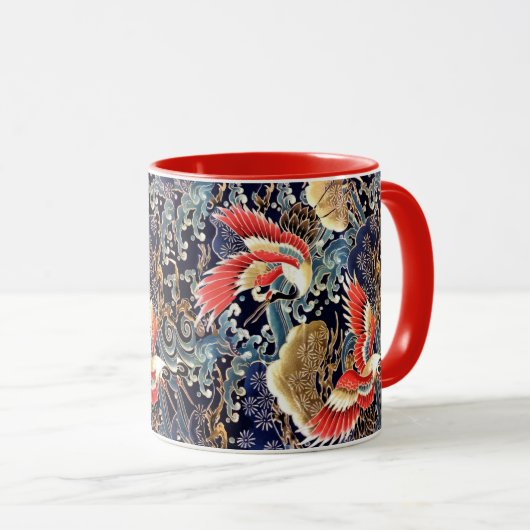 FLIEGENDE KRÄNE, WELLEN, FRÜHSTÜCKE, japanische Bl Tasse (VorderseiteRechts)