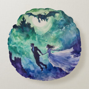 Fliegende Liebende - Aquarellmalerei Rundes Kissen