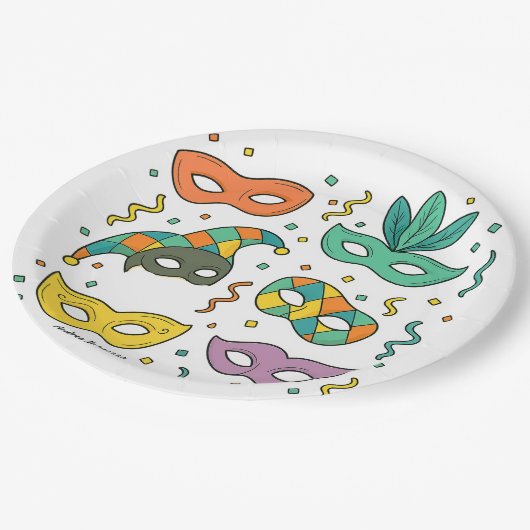 Fliegende Masken Pappteller (Schrägansicht)