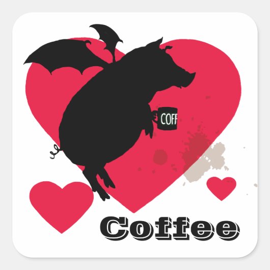 Fliegende Piggie mit Kaffee Quadratischer Aufkleber (Vorderseite)