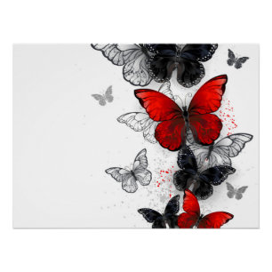 Fliegende schwarze und rote Morpho-Schmetterlinge Poster