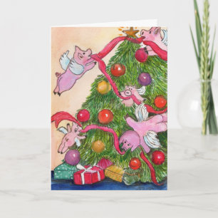 Fliegende Schweine dekorieren Weihnachtsbaumkarte Feiertagskarte