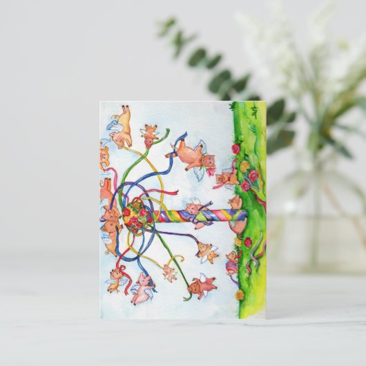 Fliegende Schweine um die Maypole Postkarte (Stehend Vorderseite)