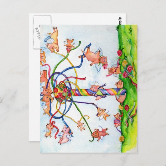 Fliegende Schweine um die Maypole Postkarte (Vorne/Hinten)