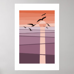 Fliegende Seevögel bei Sonnenuntergang Lila Orange Poster